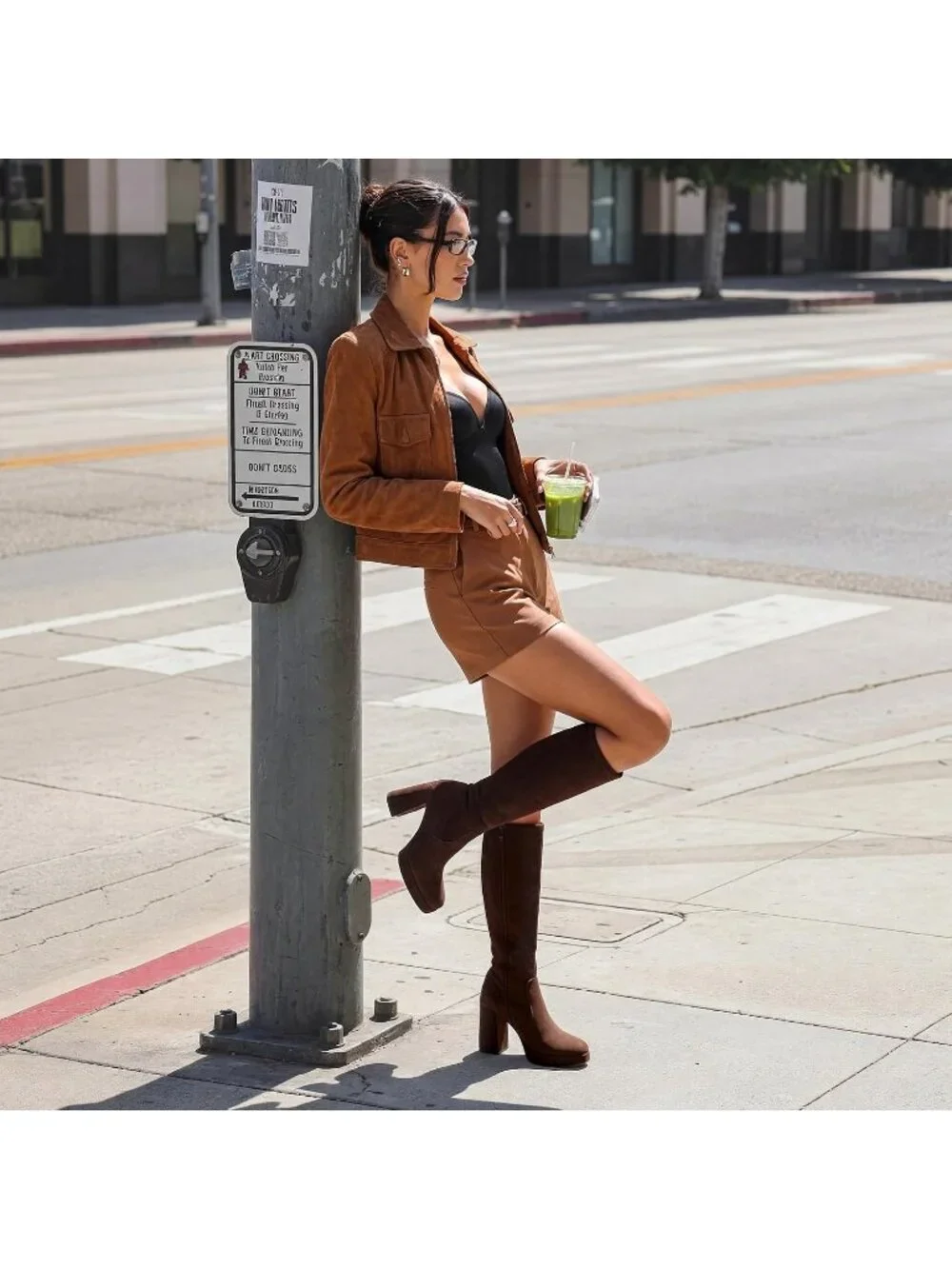 Women's Dark Brown Chunky Platform Heel Round Toe Side Zipper Knee High Boots